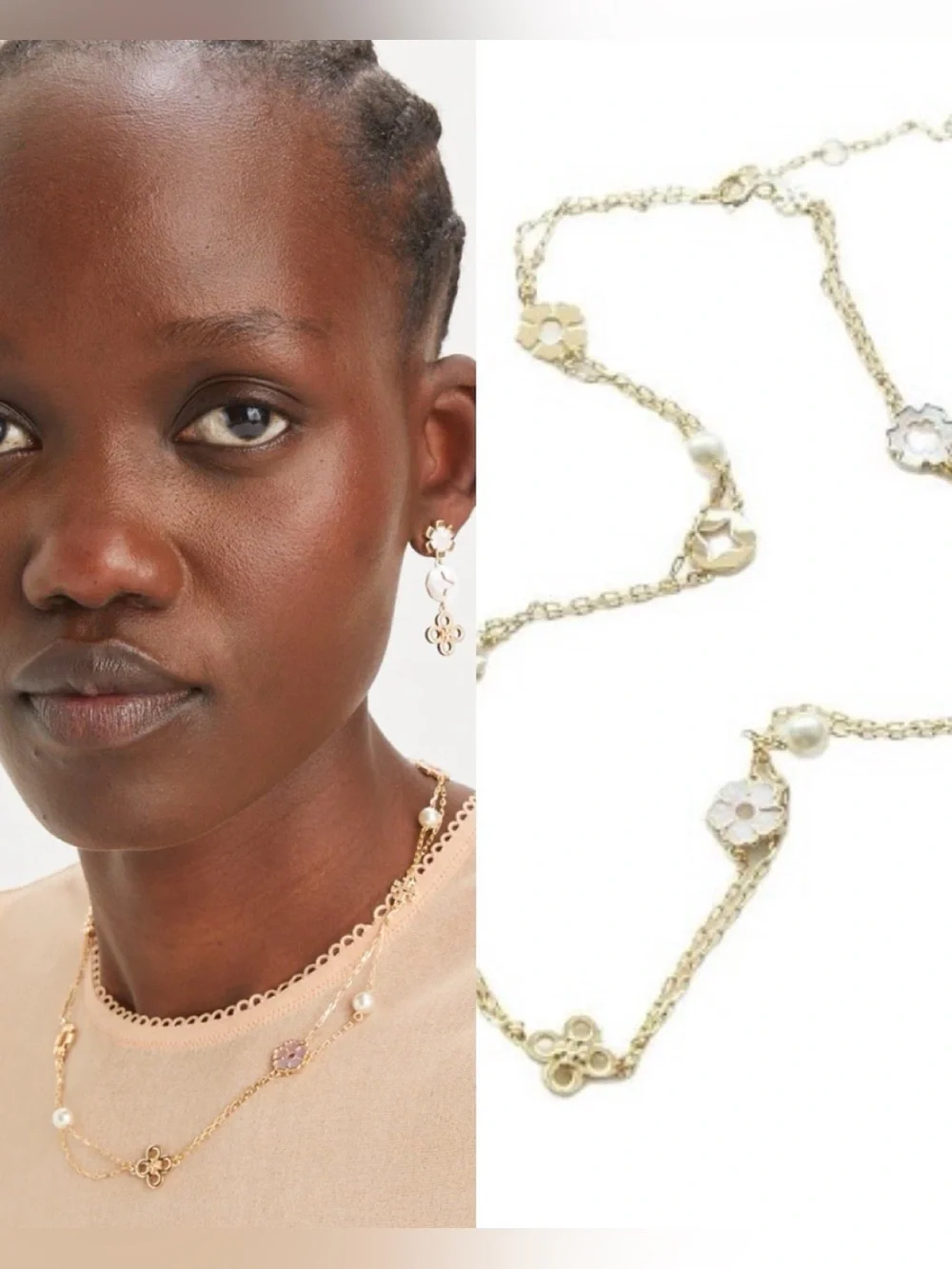 Tory Burch Gold Tone Multi-Station Floral & Pearl Necklace